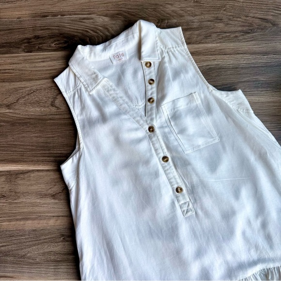 Fate Sleeveless V-Neck Collared Linen Blend Flounce Off White Dress Size M - Picture 3 of 14